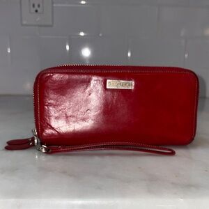 Borgasets Wallet Clutch Red Leather Double  Zip Around Wristlet